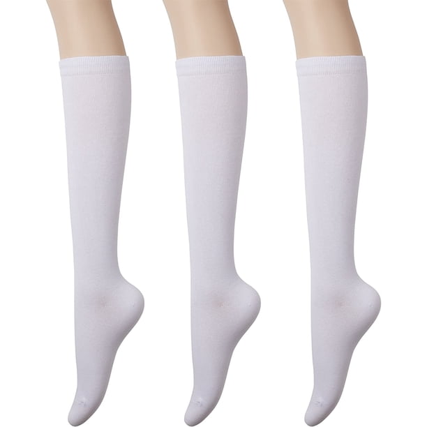 Calcetines altos de algodón para mujer - Calcetines casuales de colores lisos y a rayas, 3 pares, blancos