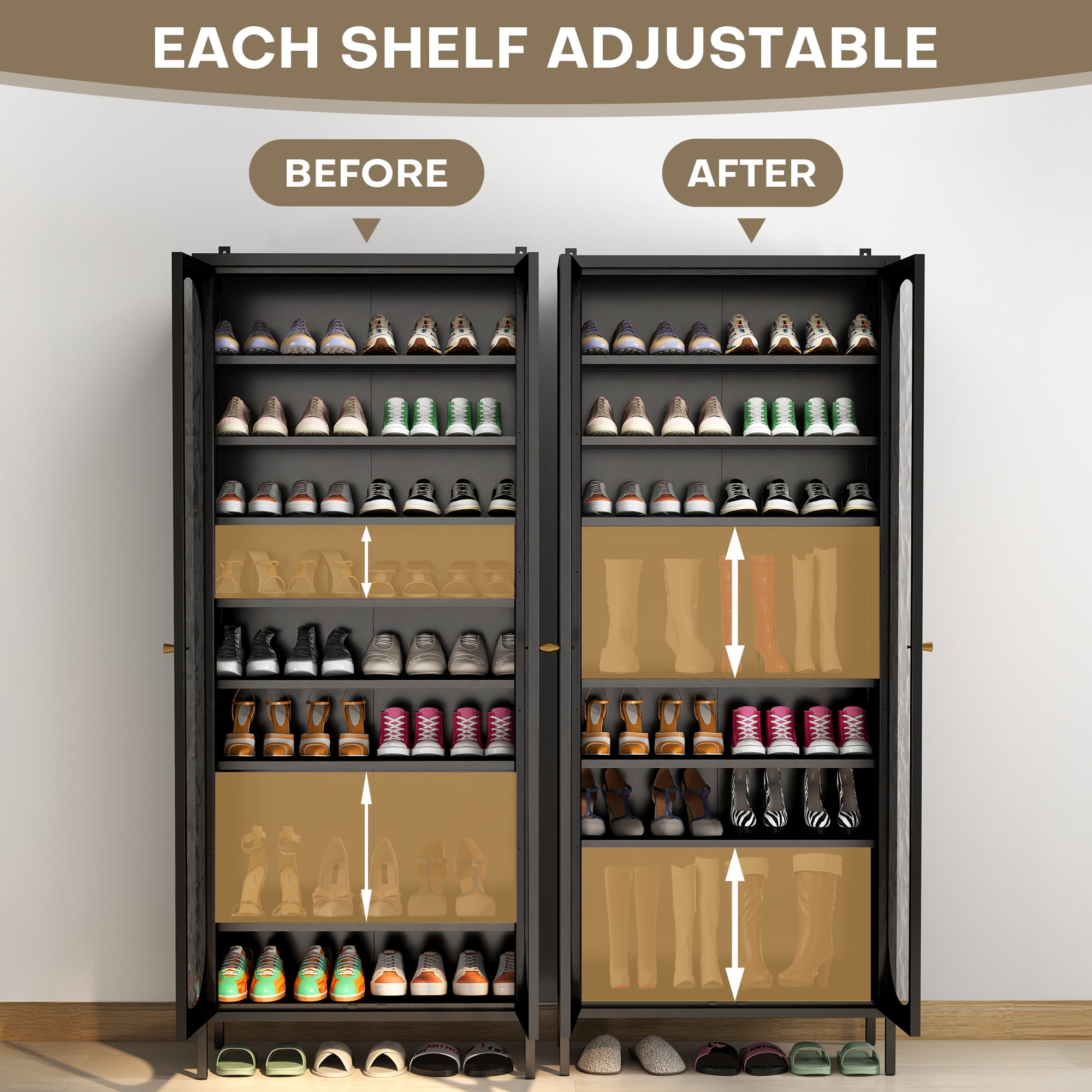 ANMINY 9-Tier Tall Shoe Storage Cabinet 67"H Shoe Cabinet with Glass Doors 9-Tier Shoe Organizer Rack with 8 Adjustable Shelves Max. Store 27-36 Pairs for Entryway Hallway Cloakroom Living Room, Black