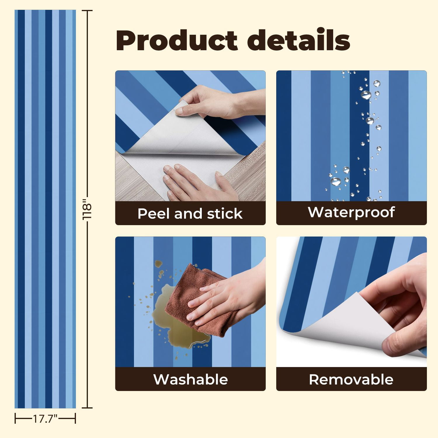 Peel and Stick Wallpaper Blue Stripes Varying Shades Blue Light Blue Wall Mural 17.7in x 9.8ft Self Adhesive Removable Wall Paper Renter Friendly Wallpaper for Nursery Bedroom Cabinets