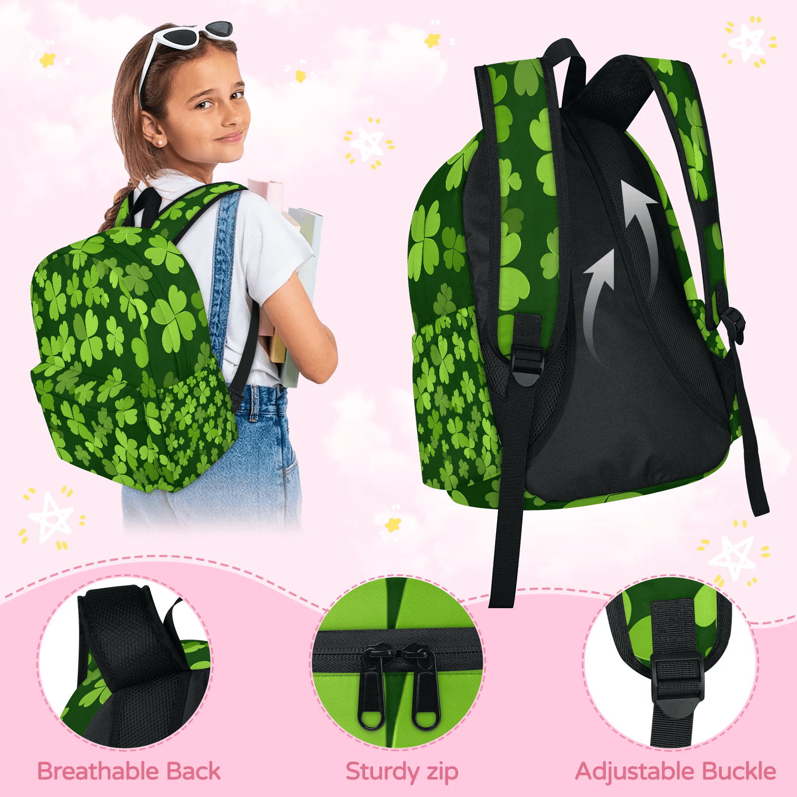 Herdesigns Green Clover Shamrock Backpack for Men Women, Lightweight Laptop Backpack 16.3 Inch St. Patrick's Day Casual Daypack for Travel Work Commuter