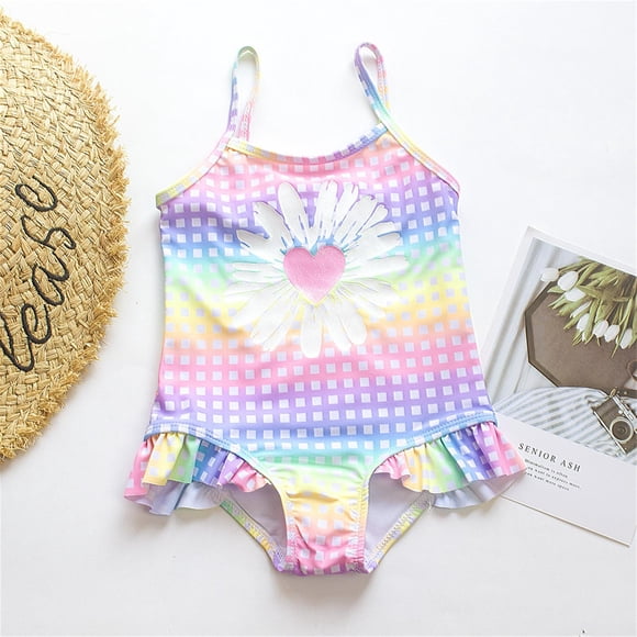 XDZJLR Maillot de Bain Fille 2024 Imprimé Cœur Pêche à Carreaux Volanté 1 Pce Maillot de Bain pour Enfants Violet 6-7 Ans