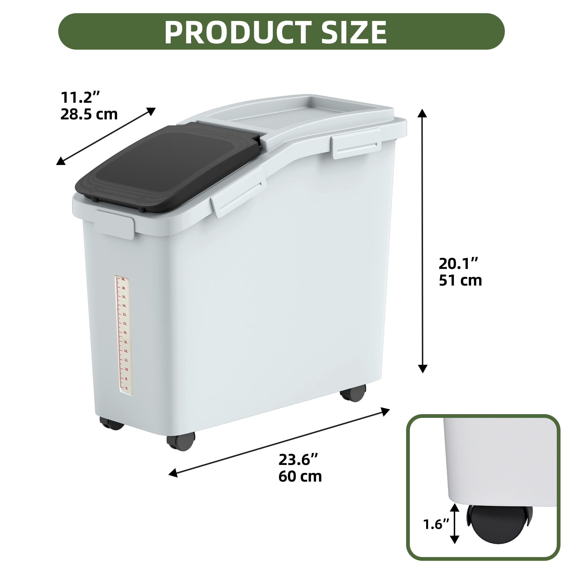 Uforic Ingredient Storage Bin, Large Commercial Rice Container with 11.4 Gallon Capacity, Bulk Flour Bin with Wheels, Scoop, Lid, and Scale for Kitchen, Grey