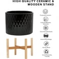 thumbnail image 3 of Ceramic Plant Pot with Stand 10 Inch Planter with Wood Shelf Modern Round Flower Pots Indoor with Wood Planter Holder Black Water Ripple Pattern, 3 of 8