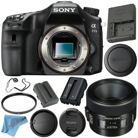 Lens Ion Crystal - Sony Alpha a77 II DSLR Camera (Body Only) ILCA77M2 + Sony 50mm f/2.8 Macro Lens SAL50M28 + NP-FM500H Lithium Ion Battery + 55mm UV Filter + Fibercloth + Lens Capkeeper Bundle