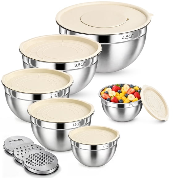 Mixing Bowls with Airtight Lids Set, 6 PCS Stainless Steel Bowls with 3 Grater Attachments, Nesting Kitchen Prep and Food Storage, 4.5, 3.5, 2.1, 1.5, 1.1, 0.7QT for Mixing & Serving