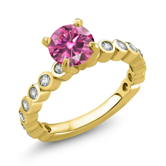 Gem Stone King 18K Yellow Gold Plated Silver Ring Round Pink Moissanite and Created Sapphire White (1.84 Cttw, Size 6)