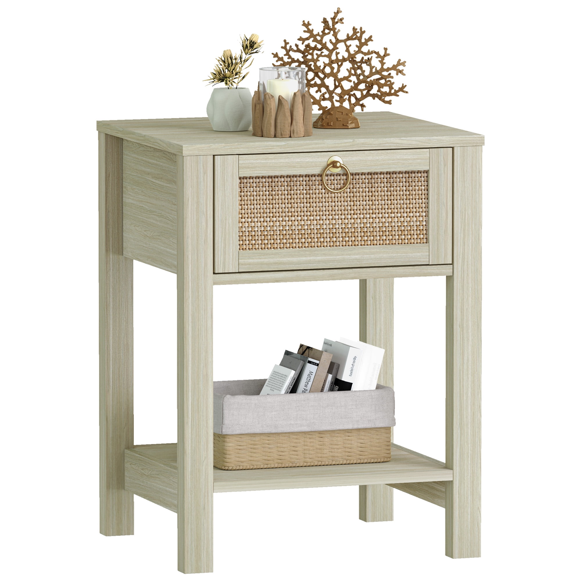 Sanspredet Rattan Nightstand, Boho Side Table with Rattan Decorated