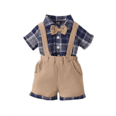 

KIMI BEAR Newborn Baby Boys Outfits Cute Plaid Bow Tie Short Sleeve Shirt＋Overalls Little Gentleman 2PCs Set 9-12 Months Blue