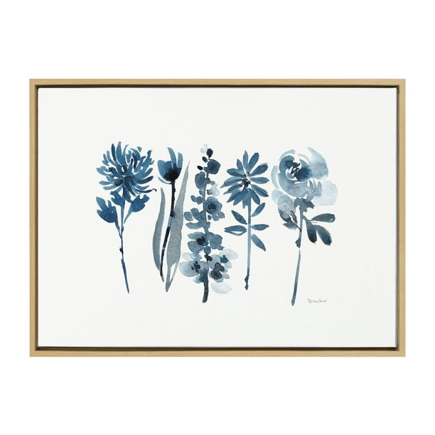 Kate and Laurel Sylvie Blue Blooms Framed Canvas Wall Art by Patricia Shaw  23x33 Natural Decorative Floral Art for Wall