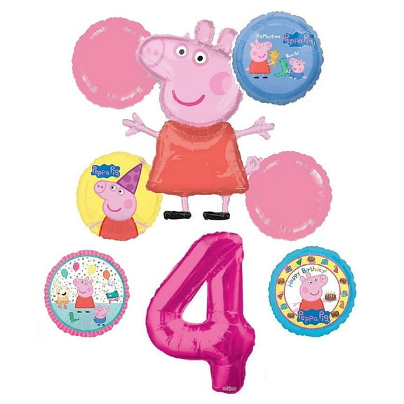 Peppa Pig 4th Birthday Party Balloon Bouquet Bundle, for 4 Year Old, Includes 8 Balloons