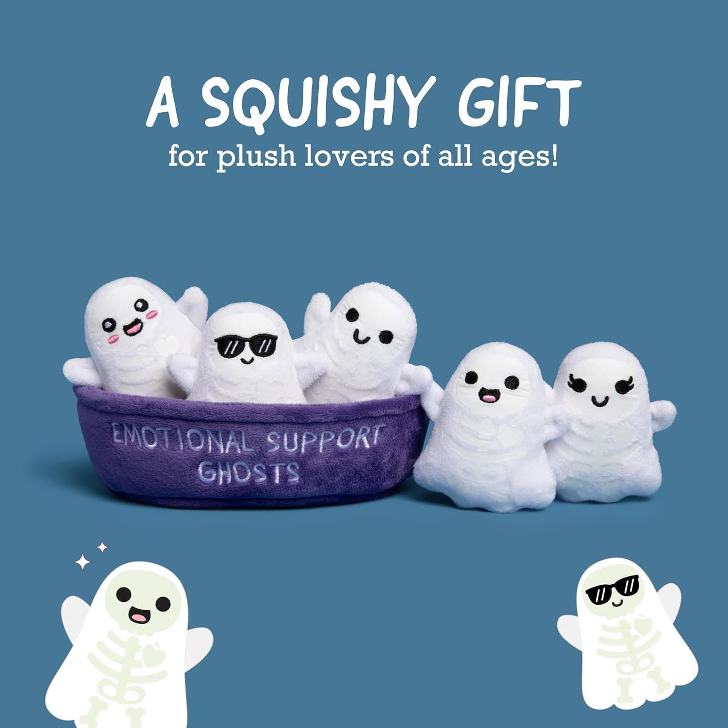 Emotional Support Ghosts by , Cuddly Plush Collectibles and Cute Stuffed Animals, Spooky Halloween Ghost Plushies and Fun Trick or Treat Toys, Includes 5 Plushies with Carrying Basket