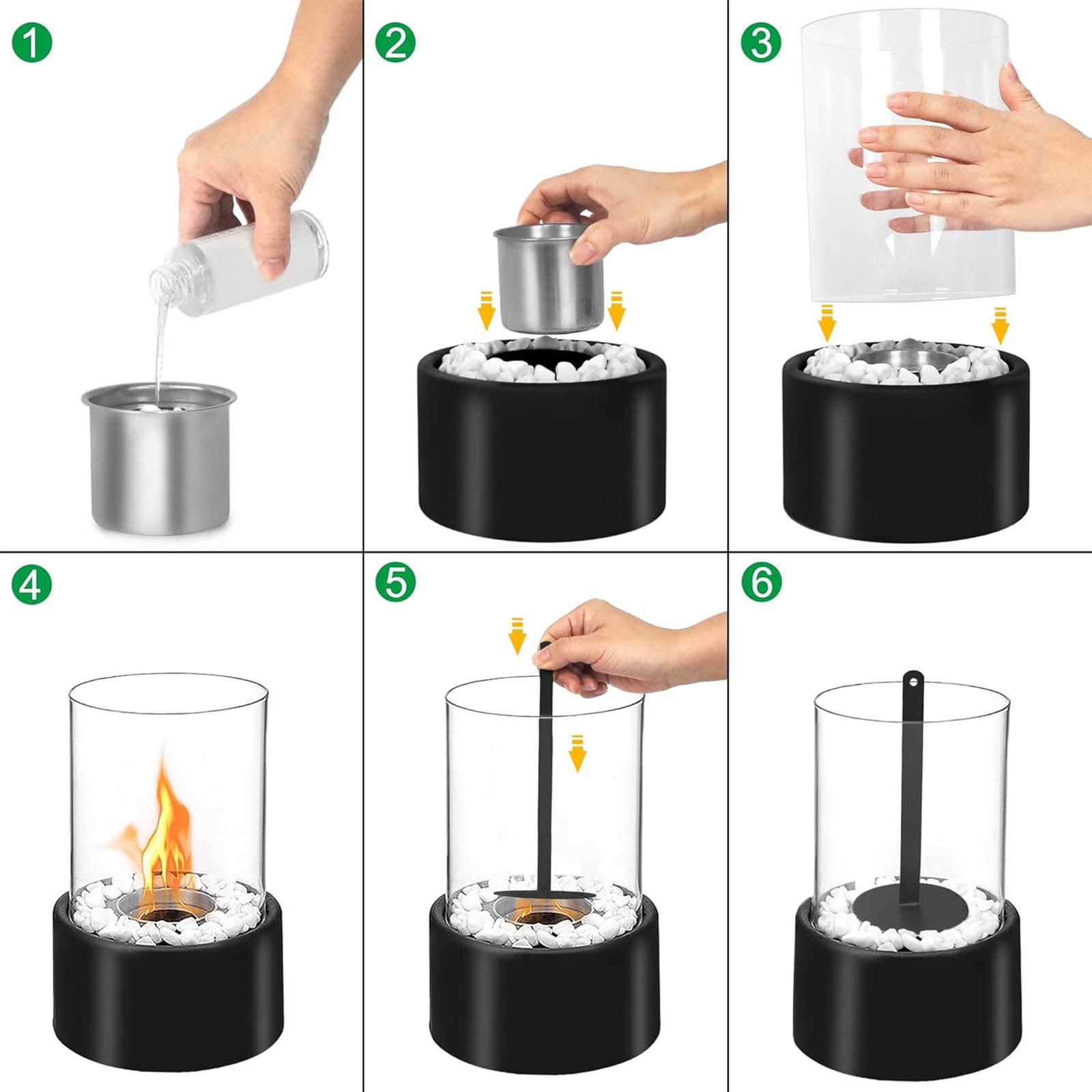 Tabletop Fire Pit, Portable Indoor/Outdoor Mini Small Fireplace with White Stones, Smores Maker, Table Top Decor for Housewarming Christmas Birthday Gift(Black)