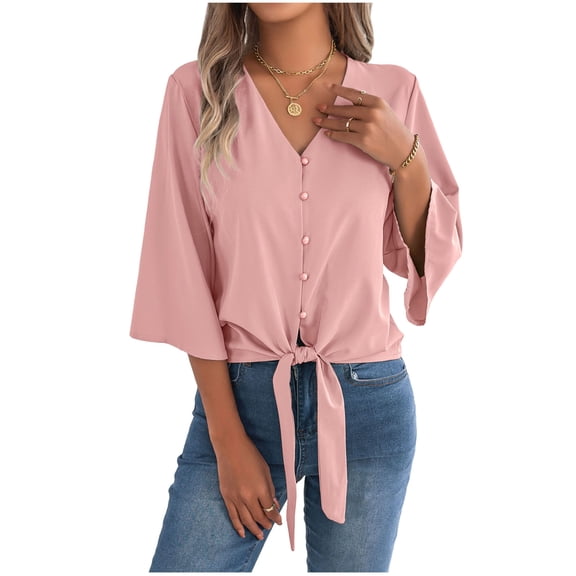 Vynhevius Womens 3/4 Sleeve Blouses V Neck Button Front Tie Hem Flared Solid Loose Casual Pullover Shirts