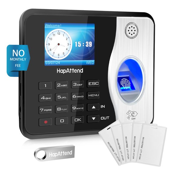 Reloj de control de asistencia HapAttend H3 con huella digital, biométrico RFID, 5 tarjetas