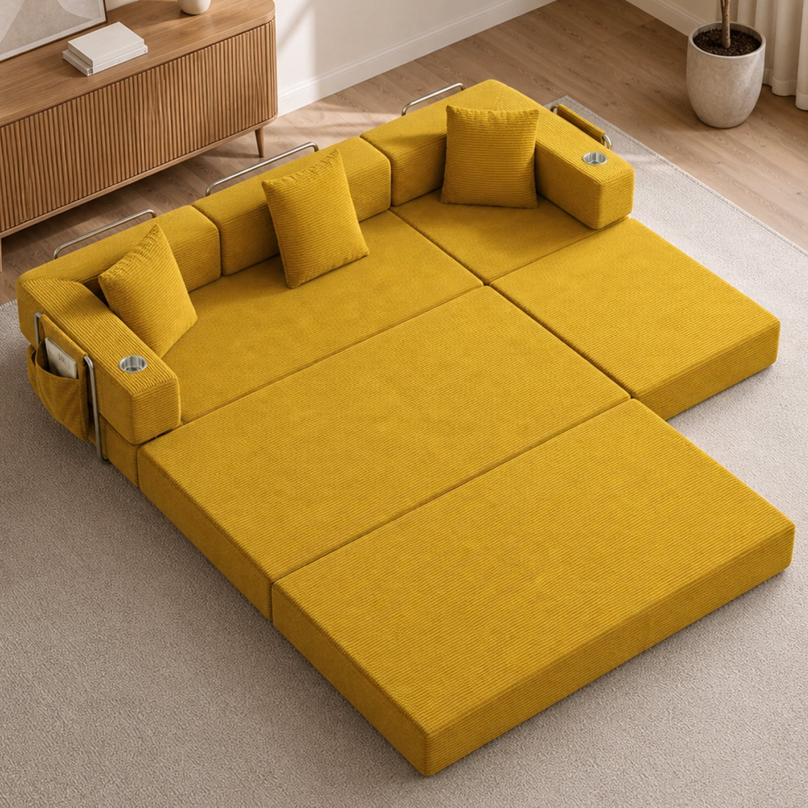 Garitin Sectional Sofa and Modular L Shape Cloud Couch 108 Inch, Boneless Deep Seat Corduroy Living Room Furniture, Yellow