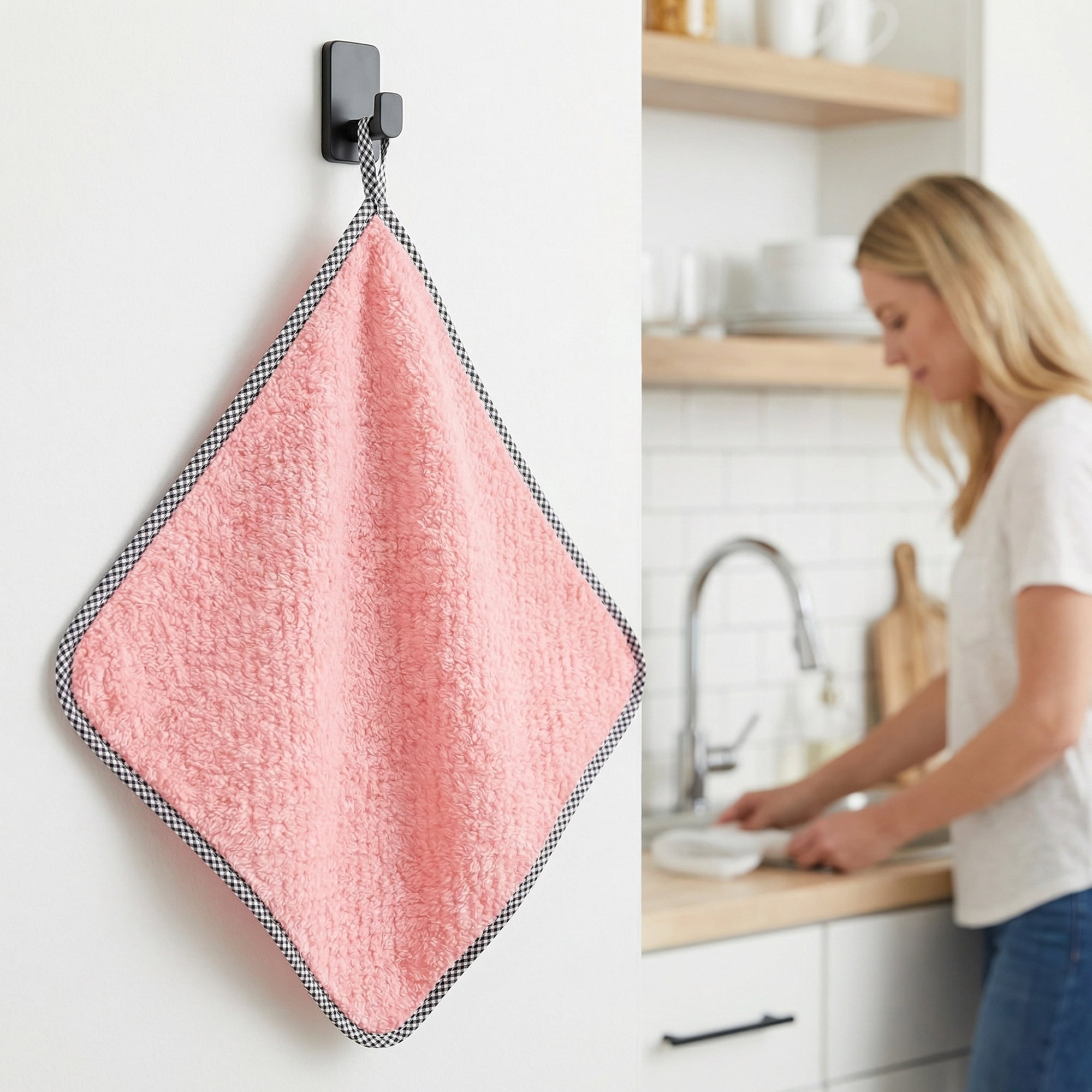 Unique Bargains 3Pcs Hanging Microfiber Reusable Kitchen Dish Cloths Pink 10" x 10"