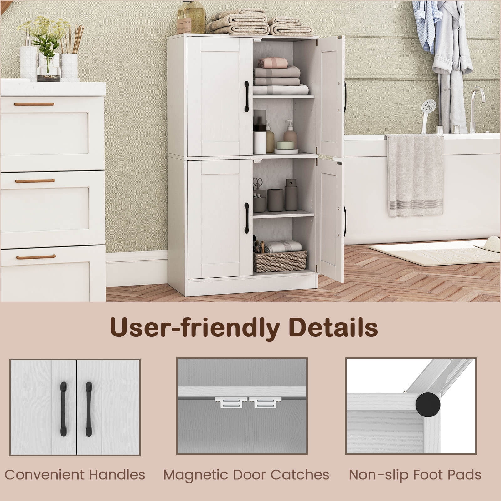 Costway Bathroom Cabinet with Doors & Adjustable Shelves Storage Organizer for Living Room White