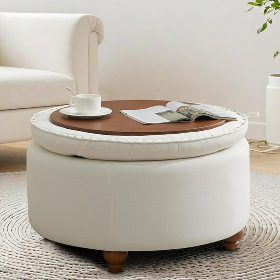 24'' Round Ottoman Coffee Table with Storage, Upholstered Tufted Ottoman with Flip Tray, Solid Wood Legs for Living Room, Bedroom, Beige