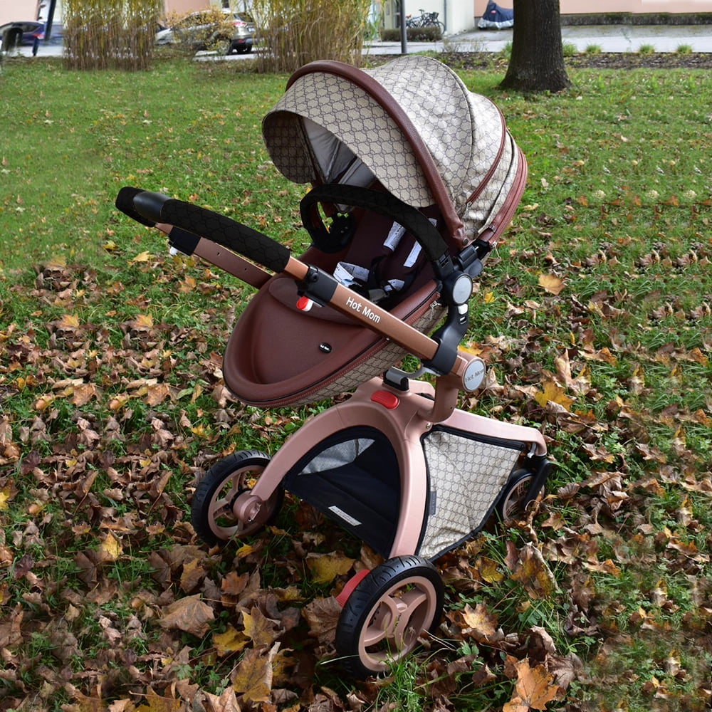 Hot Mom Baby Stroller Reversible Luxury PU Leather Pram,Grid