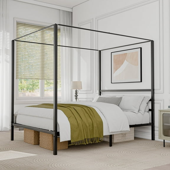 ZENY 14 Inch Platform Built-in Headboard Sturdy Metal Frame Canopy Bed Frame with Four Posters, Black Queen Size