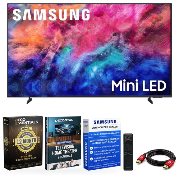 Samsung 50-Inch Mini LED 4K HDR Smart TV with AI Vision Companion, Pure Spectrum Color, 4K Upscaling and Motion Xcelerator Bundle with with Deco Essentials 1YR Extended Protection, HDMI Cable & Guide