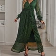 thumbnail image 3 of Vestido de mujer con lunares y lentejuelas, vestido de noche largo elegante sexy con escote en V, manga larga, cintura alta, abertura, vestido maxi con cinturón, 3 of 6