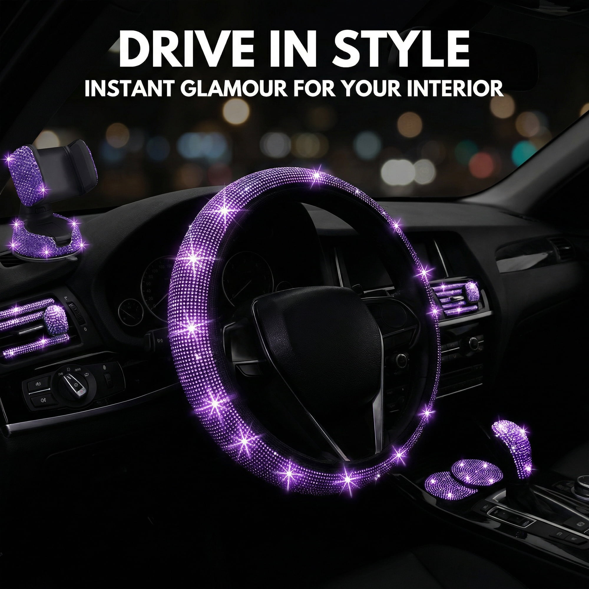 Laptom Max Purple, 1 mm, Universal Fit Cover, Rhinestone Steering Wheel Cover