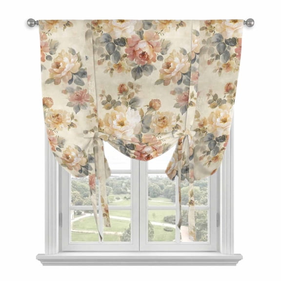 Spring Floral Tie Up Curtain for Window, Oil Painting Flower Pink White Peony Retro Romantic Adjustable Tie Up Balloon Curtain Valances Rod Pocket Window Treatment for Kitchen Bedroom 42"x45"