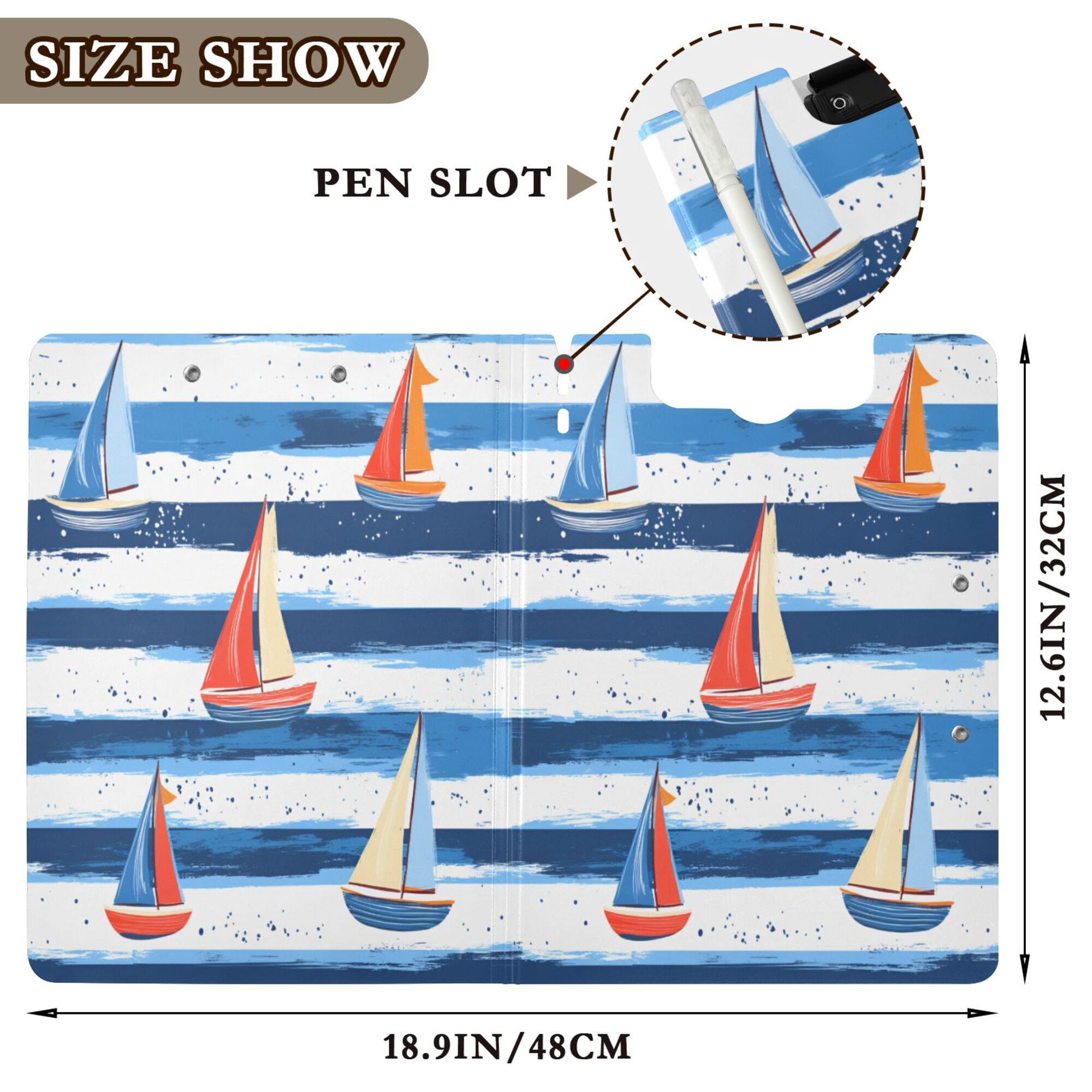 FORMRS A4 Clipboard Folder with Pen Holder Horizontal Foldable School Office Binder, Blue Sailboats
