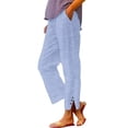 thumbnail image 3 of Women's Cropped Wide Leg Pants with Button Detail and Pockets in Breathable Cotton Linen Striped Casual Trousers, 3 of 9