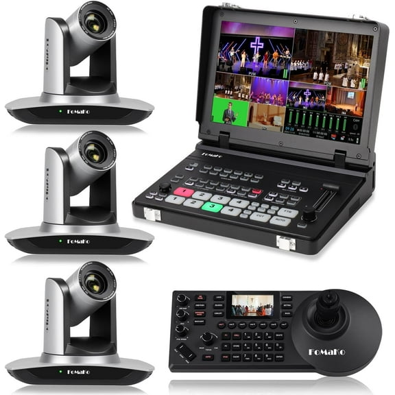 FoMaKo 20x Optical Zoom AI Auto Tracking HDMI PTZ Camera, for Church Services Worship Education(3pcs)  M5 Video Mixer Switcher  KC608 Pro PTZ Controller (BH402   M5 FMK12UH Pro)