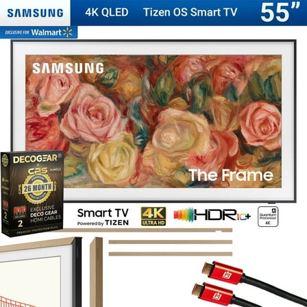 Samsung QN55LS03DAFXZA 55 inch The Frame QLED 4K Smart TV 2024 Bundle w/ Customizable Bezel Modern Teak   Deco Gear 4K HDMI 2.0 Cable x2 & 26 Month Extended Protection Plan