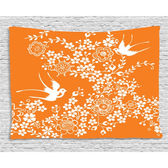 Orange and White Tapestry, Asian Flora and Fauna Doodle Style Bird Silhouettes and Flowers, Wall Hanging for Bedroom Living Room Dorm Decor, 80W X 60L Inches, Orange and White, by Ambesonne