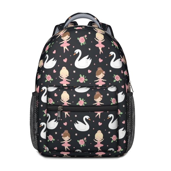 Princess and Swan Black Pattern Backpack for School, Cute School Bag with Adjustable Shoulder Straps and Padded Back, 15.3"x11"x6.7"