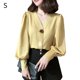 thumbnail image 1 of Camisa de mujer Cuello en V Verano Color sólido Linterna Manga larga Botón Top, Amarillo, S Advancent AP001446-01, 1 of 7