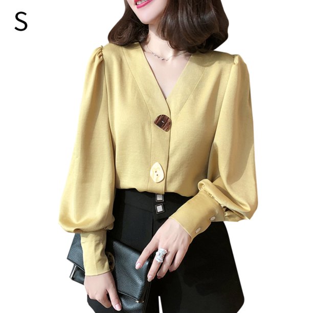 Camisa de mujer Cuello en V Verano Color sólido Linterna Manga larga Botón Top, Amarillo, S Advancent AP001446-01