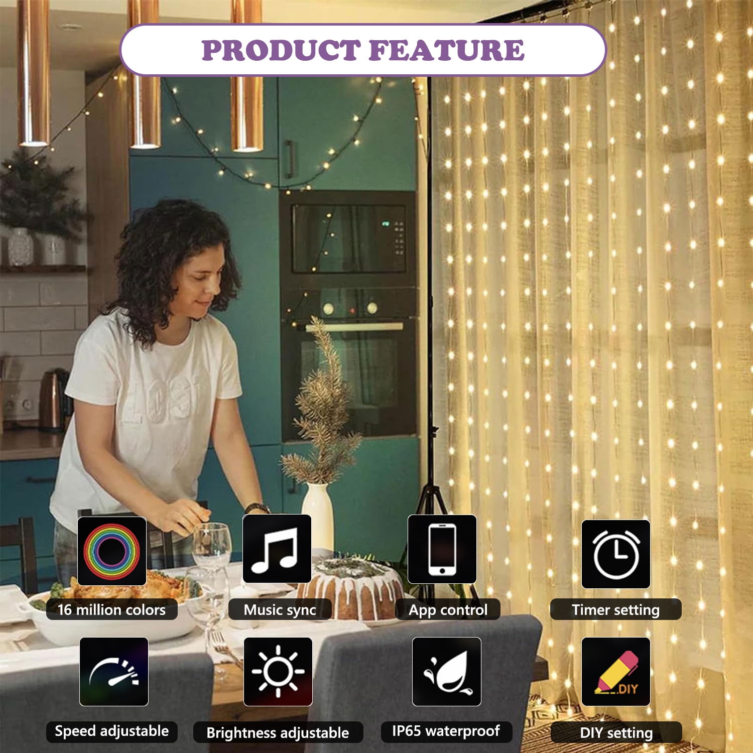 AYAMAYA Fairy Curtain Lights, 400LED IP65 Waterproof Plug in String Lights with App & Remote Control for Bedroom Outdoor Valentine's Day Decor