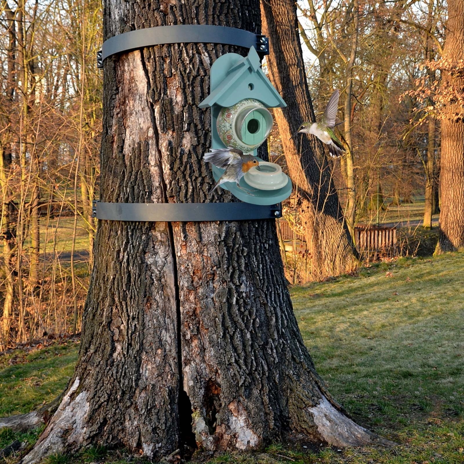 Teapot Shaped Bird Feeder, Hanging Squirrel Proof Wild Bird Feeder, Decorative Outdoor Wooden & Resin Feeder for Yard Patio Garden, Easy to Clean Bird House for Finches Sparrows,White