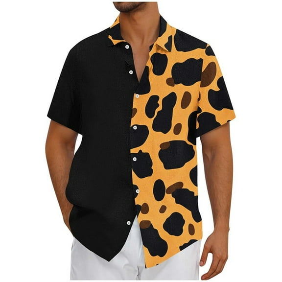 QQAMB Men's Shirts Button Down Lapel Collar Leopard Print Short Sleeve Shirt Trendy Hawaiian Shirts Summer Casual Vacation Tops Orange 4XL