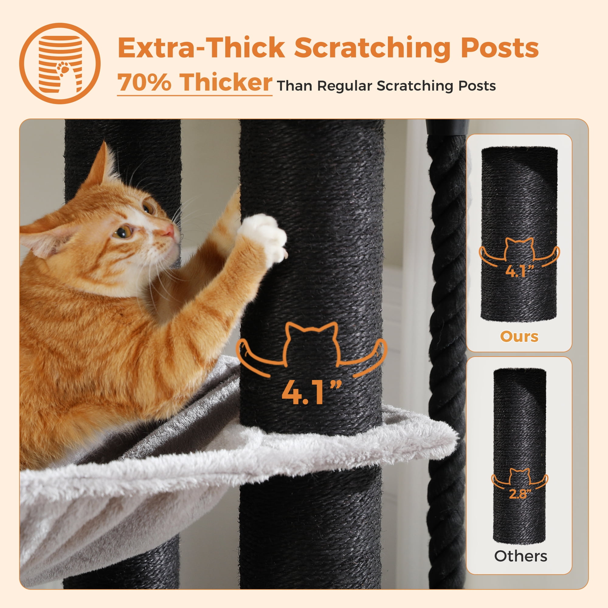 PAWZ Road 67" Extra Large Cat Tree, Thick Scratching Posts Multi-level Cat tower with 3 Hammocks, Black