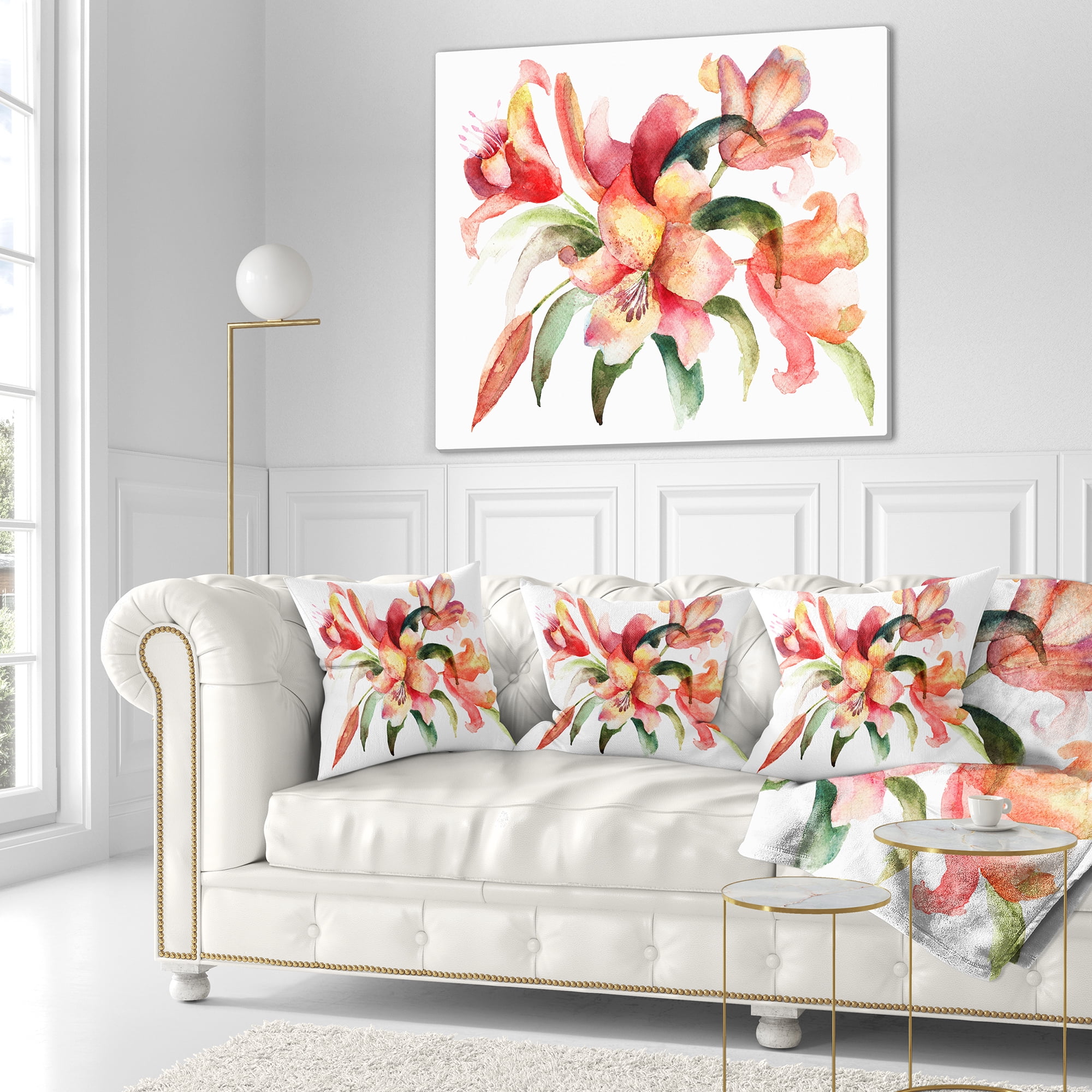 Designart Lily Flowers Watercolor Illustration - Floral Throw Pillow - 16x16