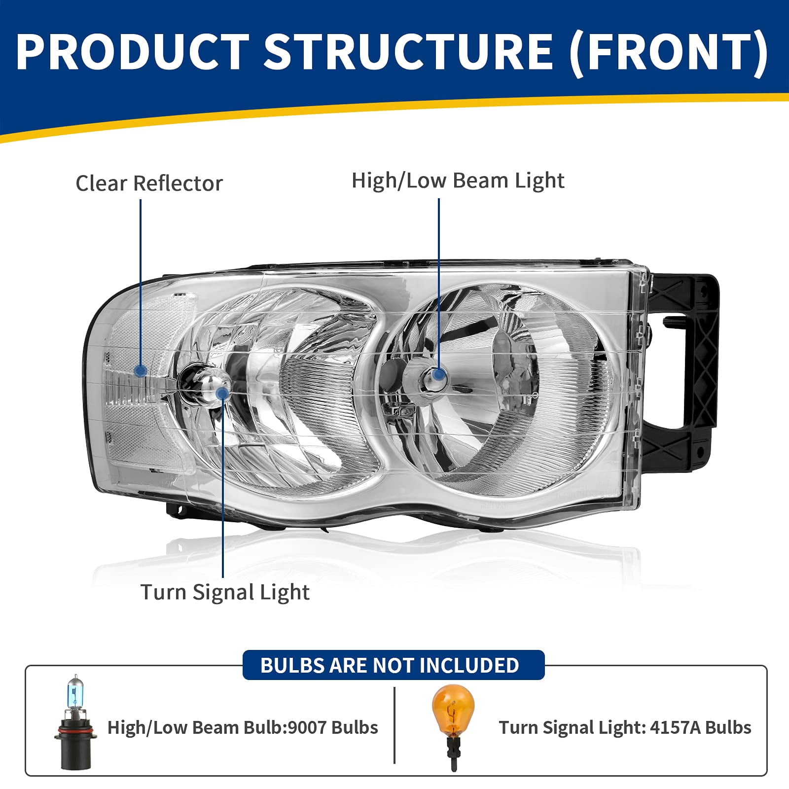 RVNI Headlights For 2002-2005 Dodge Ram 1500 2500 3500 Chrome Housing Headlamps Pair