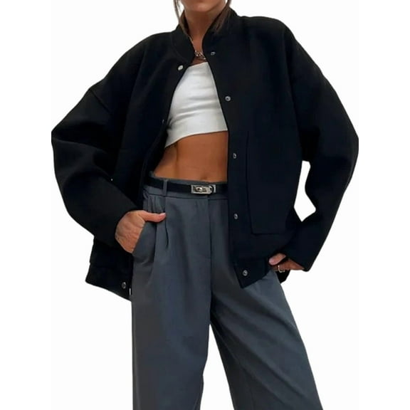 Women'S Button Up Jackets Jackets Long Sleeve Open Front Jackets Pockets Winter Casual Trendy Varsity Jacket Black M