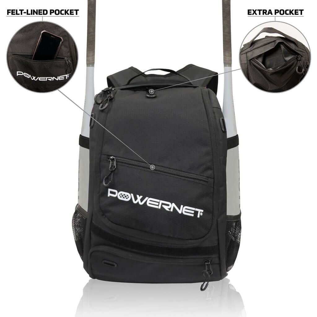 PowerNet Starter Backpack, Softball & Baseball Bag, Organized Pockets for Baseball Accessories, Helmet, Gloves, Catchers Gear & Baseball Bat Sleeves, Youth Travel Sports Backpack (1 Backpack)