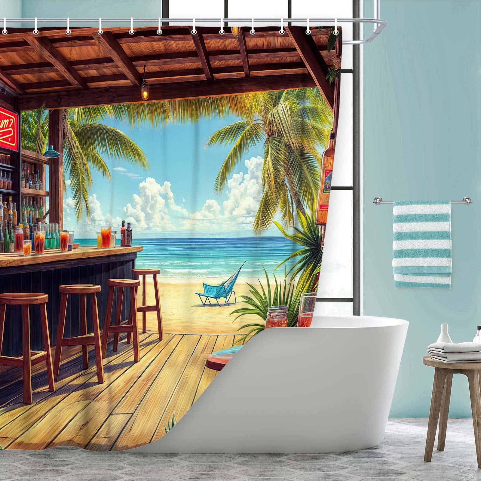 Vibrant Tropical Beach Bar Shower Curtain, Hawaiian Surfboard Ocean Scene Bathroom Decor, Waterproof Fabric Bath Curtain with Hooks for Summer Coastal Bathroom,12pcs Hooks,69X70 in