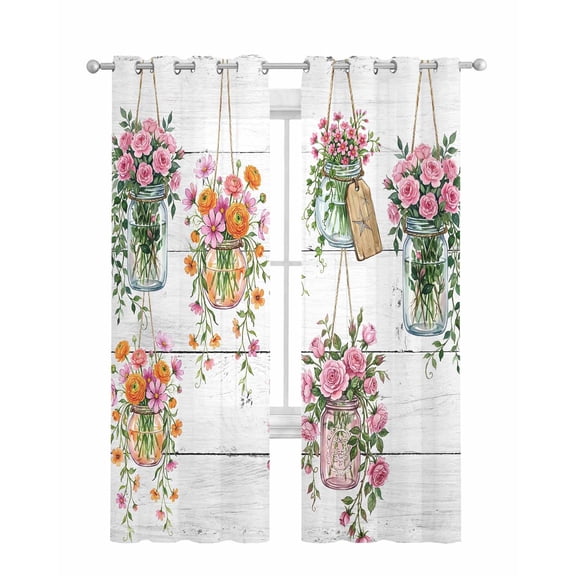 Pink Spring Floral Sheer Curtains 84 Inch Length 2 Panels Set for Living Room/Bedroom, Wooden Elegant Farmhouse Botanical Kitchen Curtains Grommet Semi-Sheer Curtains Window Treatments 42"x84"x2