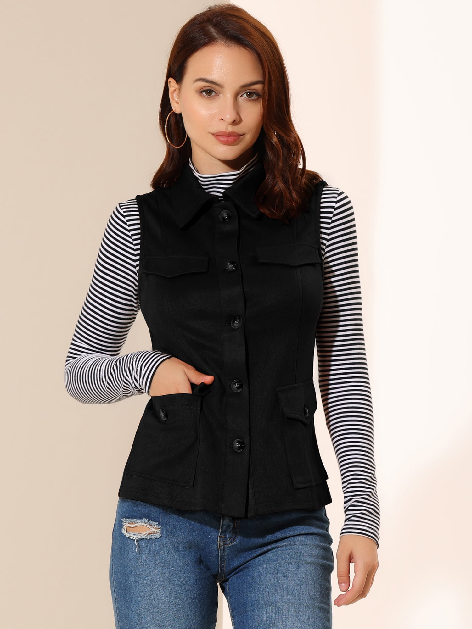 DARING DIVA Women's Rustic Button Up Utility Anorak Cargo Vest L Black
