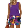 thumbnail image 2 of UDAUDU 2 Piece Short Sets for Women Hawaiian Print Sleeveless Tank Tops and Shorts Beach Vacation Loose Fit Loungewear Dark Purple S, 2 of 5