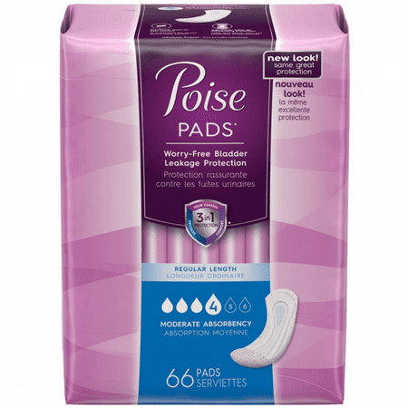Poise Moderate Absorbency Incontinence Pads Regular Length, 66
