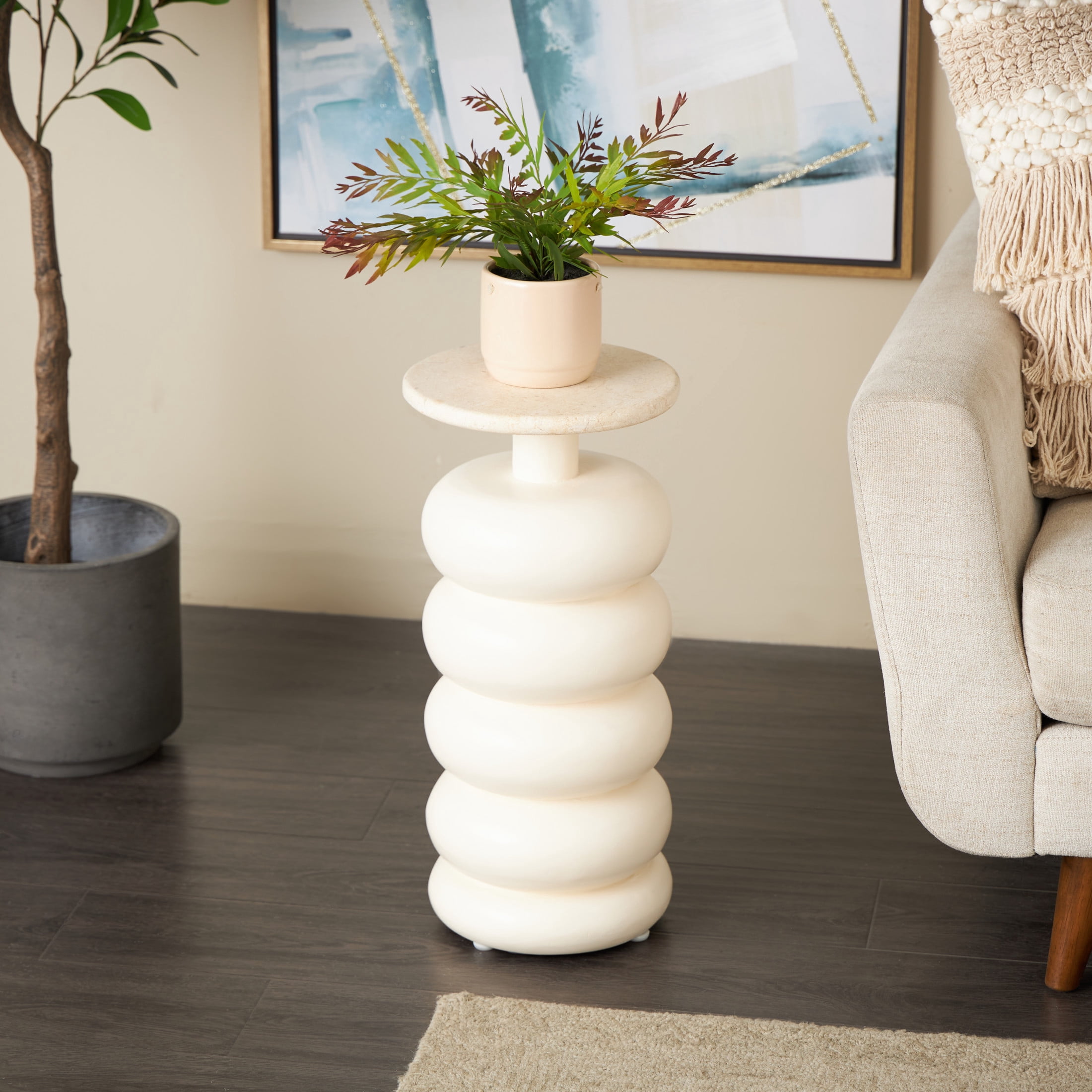 DecMode 10" x 22" Cream Teak Wood Handmade Carved Bubble Inspired Accent Table with Marble Tabletop, 1-Piece